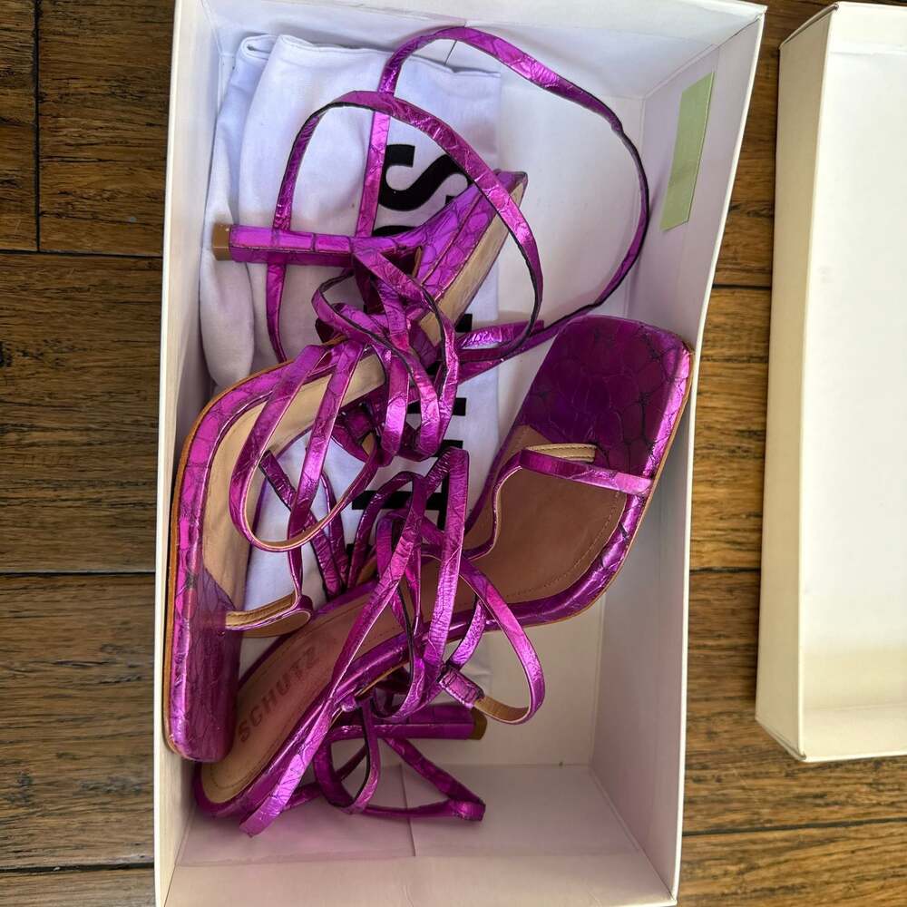 Schutz Courtney High Metallic Snake-Embossed Strappy Sandals in Bright Violet